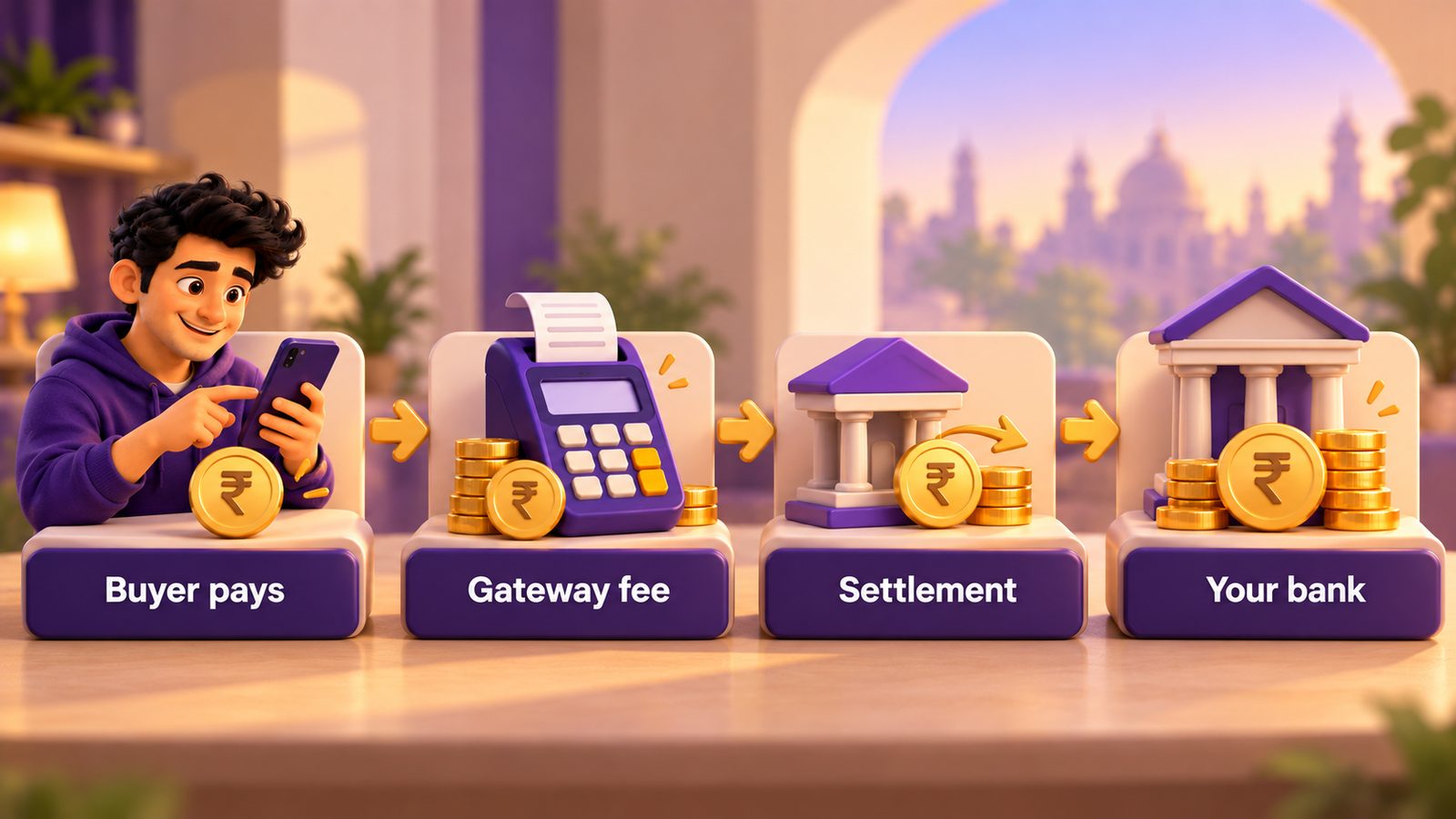 Payment flow for selling ebooks and courses: buyer pays, gateway fee, settlement, your bank