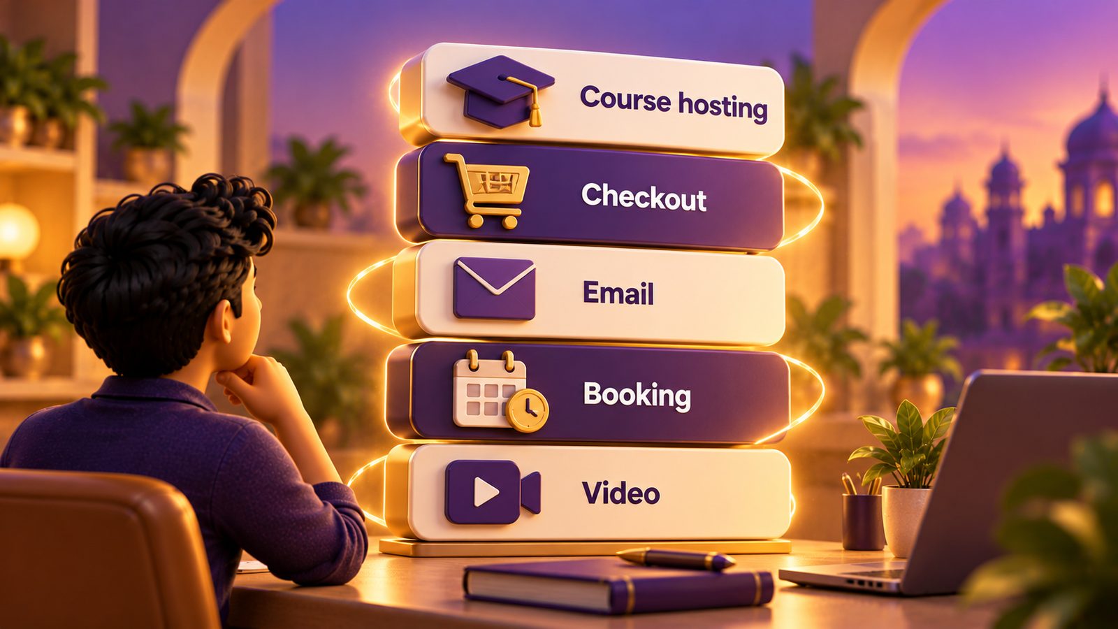 A course creator's software stack: course hosting, checkout, email, booking and video