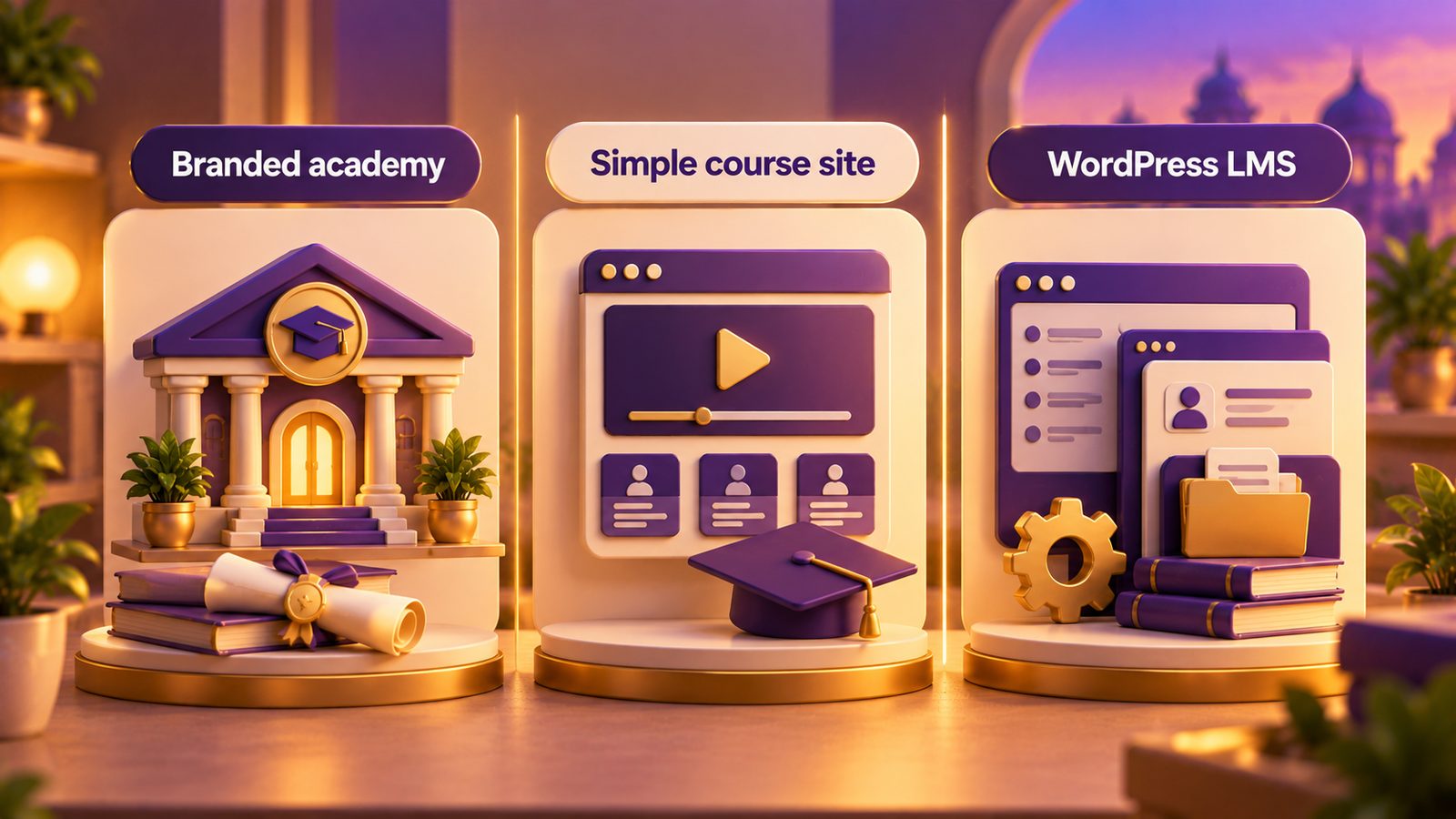Three course platform types compared: branded academy, simple course site, WordPress LMS