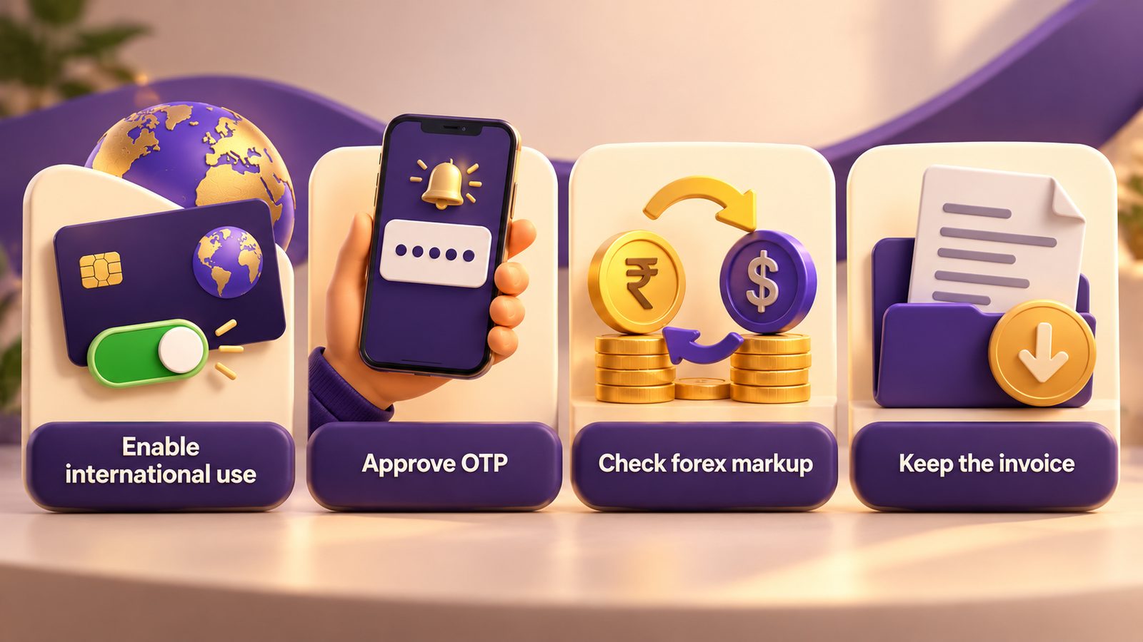 Four checks before paying on an international site from India: enable international use, approve OTP, check forex markup, keep the invoice